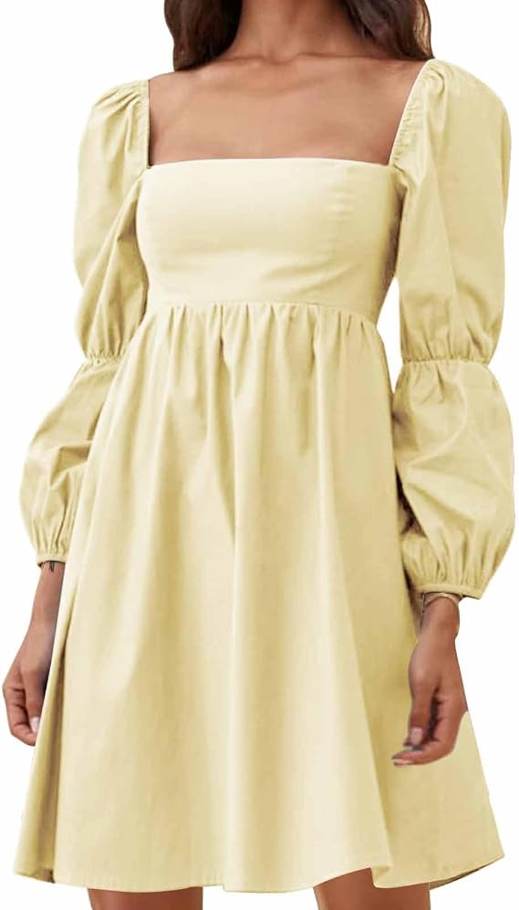 Womens 2026 Square Neck Dress Long Puff Sleeve A-Line Casual Short Mini Dresses