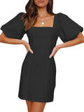 Women's Square Neck Short Puff Sleeves Mini Dresses Stretch Slim Casual Dress with Zipper
