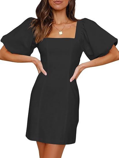 Women's Square Neck Short Puff Sleeves Mini Dresses Stretch Slim Casual Dress with Zipper