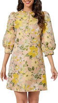 Women's Floral Jacquard Shift Dress 2026 Long Puff Sleeve Button Up Elegant Cocktail Party Mini Dress