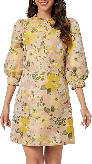 Women's Floral Jacquard Shift Dress 2026 Long Puff Sleeve Button Up Elegant Cocktail Party Mini Dress